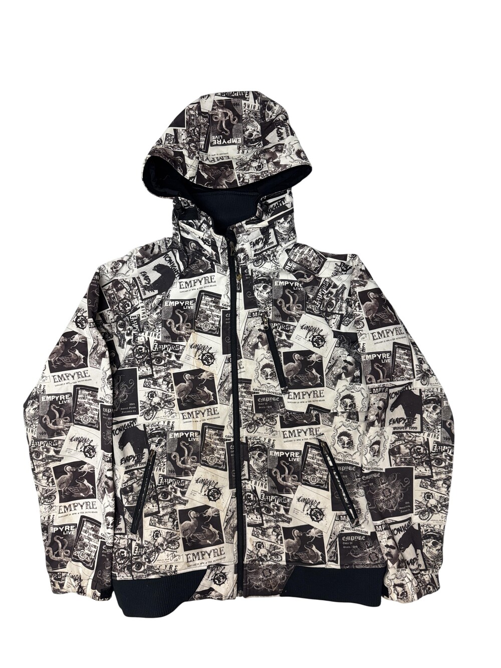 Y2K Empyre Jacket Mens XL Black Graphic Allover Print Hooded Bomber Zip Pockets